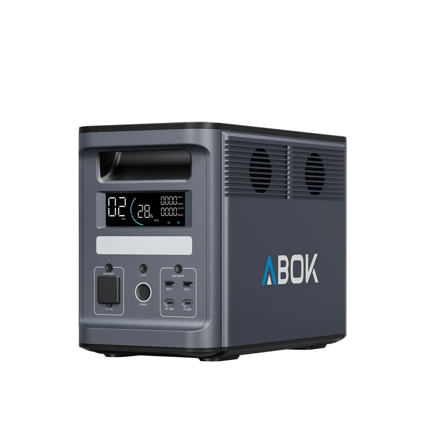 ABOK Ark2000 EU-spec portable power station in an angled front view showing the display, DC ports, USB ports, and side fans.