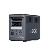 ABOK Ark2000 EU-spec portable power station in an angled front view showing the display, DC ports, USB ports, and side fans.