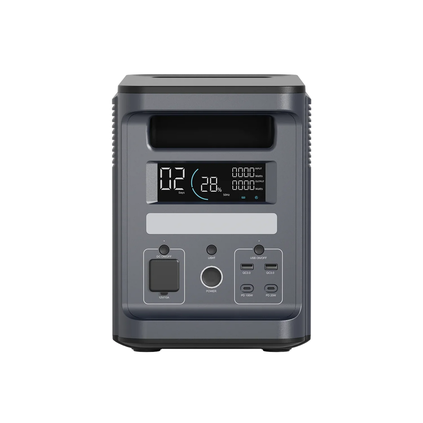 ABOK Ark2000 EU-spec portable power station in a straight front view showing its handle, display, controls, and USB ports.