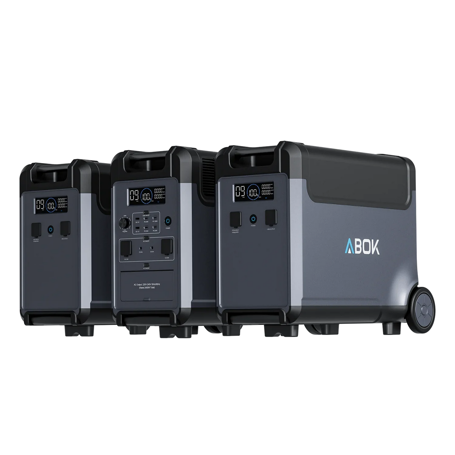 ABOK Ark3600 EU-spec portable power station with two matching extra batteries for expanded capacity.