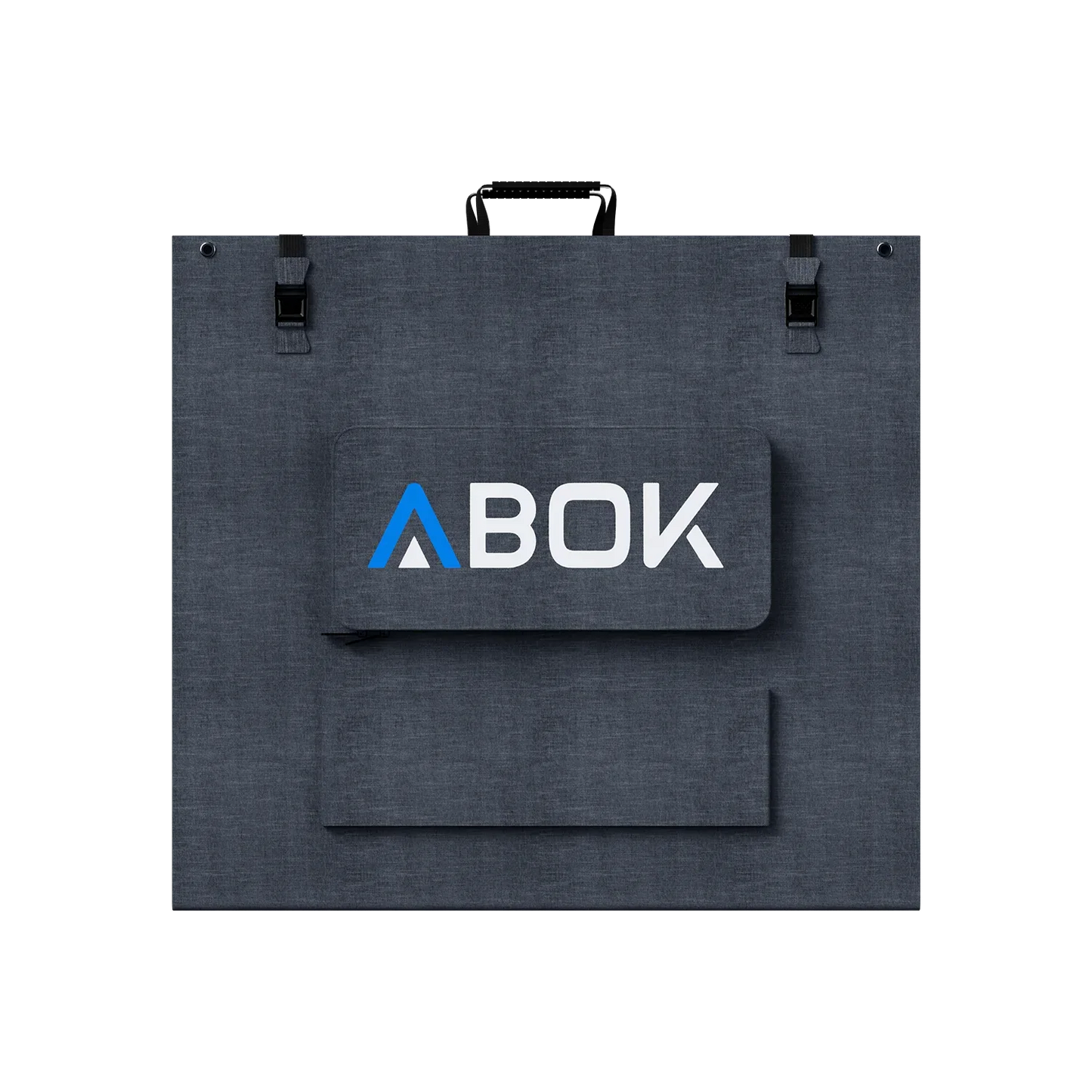 ABOK ASP200 foldable 200W solar panel shown closed from the rear with carry handle, buckles, and cable pouch.