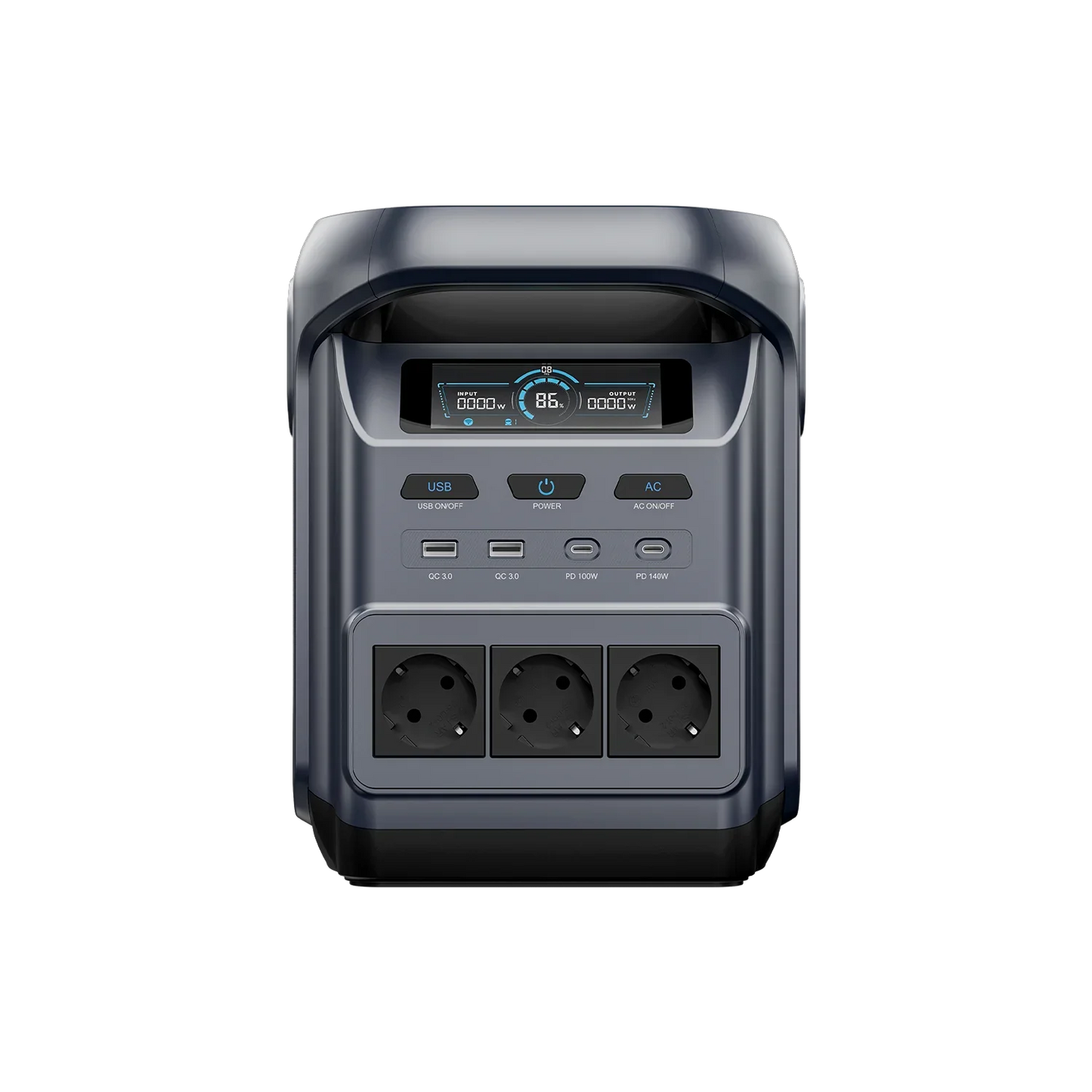 ABOK Elux 1 EU-spec portable power station shown from the front with three AC outlets.