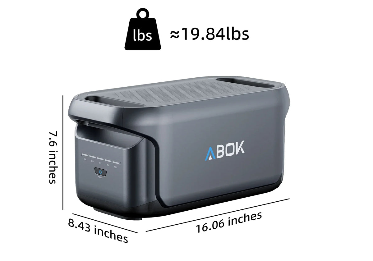 ABOK X1 battery EU-spec weight and dimensions graphic for the Elux 1 expansion battery.