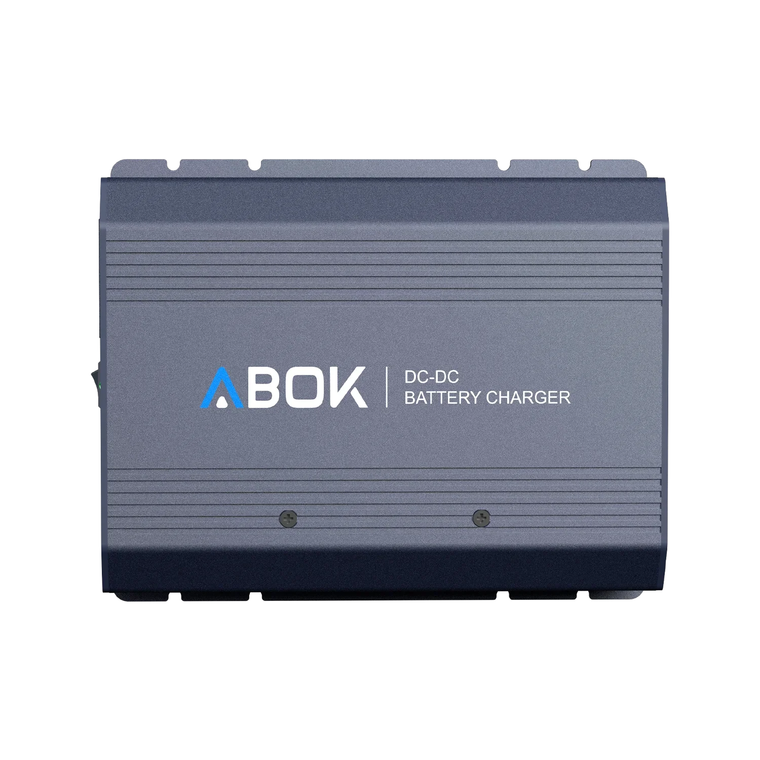 ABOK ACS500 DC-DC battery charger in a straight product view showing its ribbed aluminum housing and ABOK branding.