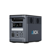 ABOK Ark2000 EU-spec portable power station in an angled front view showing the display, DC ports, USB ports, and side fans.