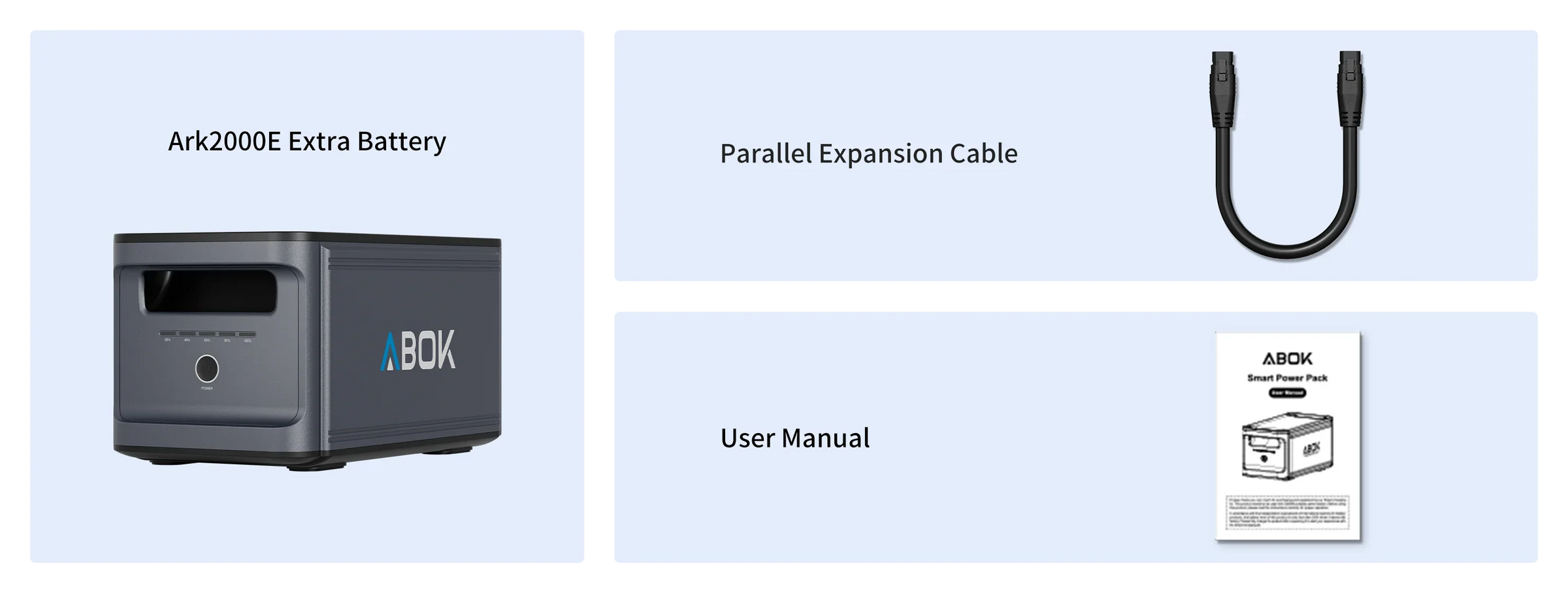 ABOK Ark2000 extra battery package with a parallel expansion cable and user manual.