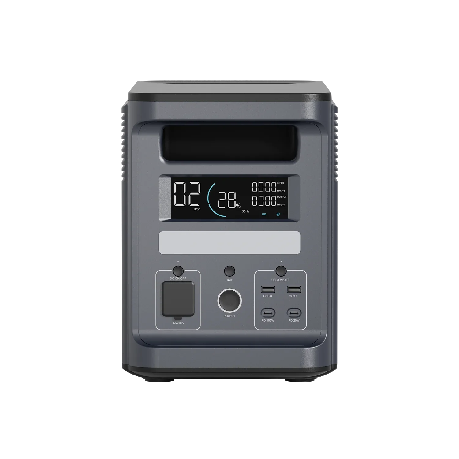 ABOK Ark2000 EU-spec portable power station in a straight front view showing its handle, display, controls, and USB ports.
