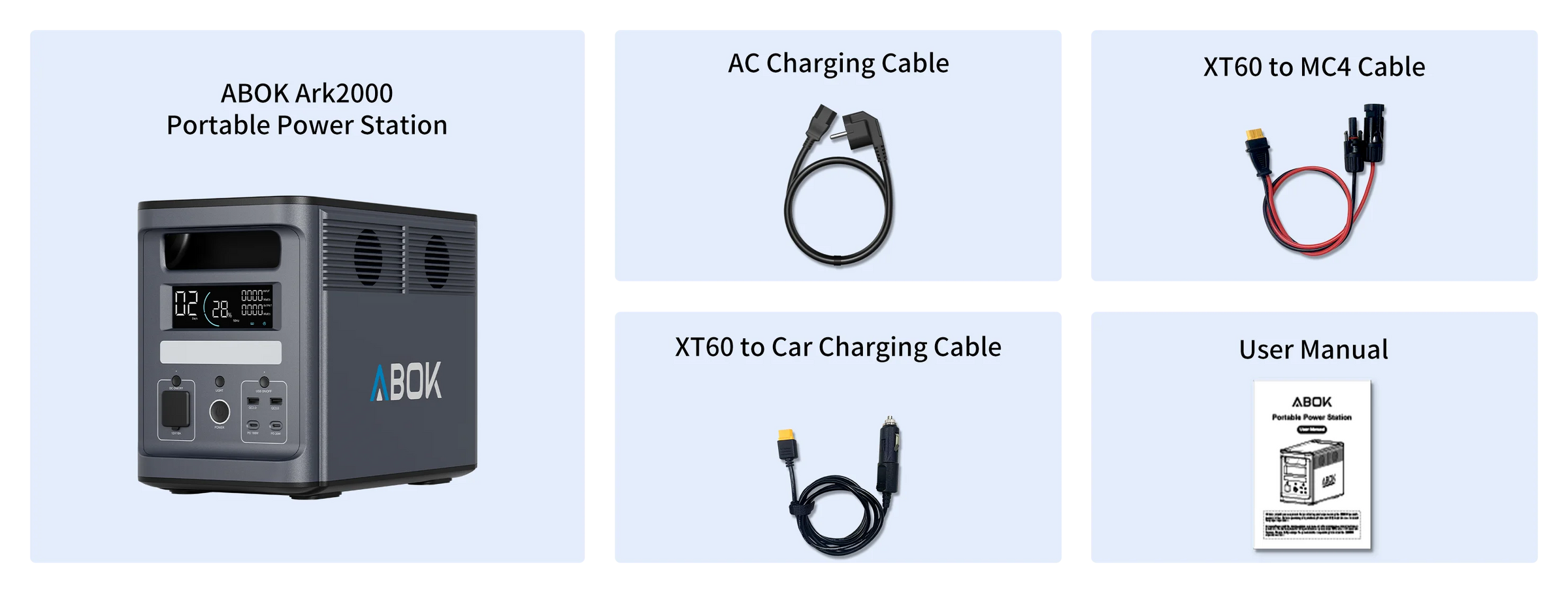 ABOK Ark2000 EU-spec power station with AC charging, XT60-to-MC4, XT60-to-car cables, and user manual.