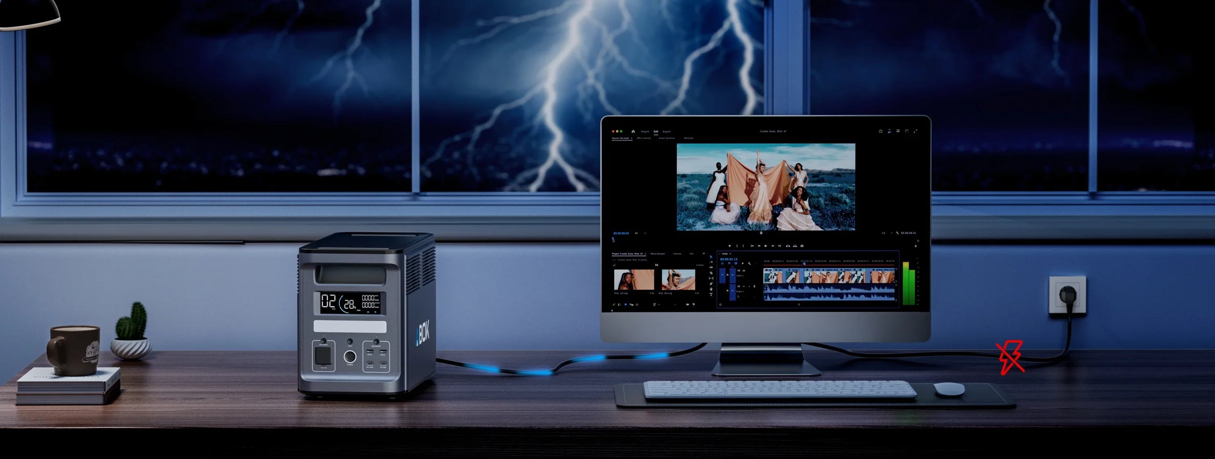 ABOK Ark2000 wide UPS backup scene powering a desktop computer during a storm and utility outage.