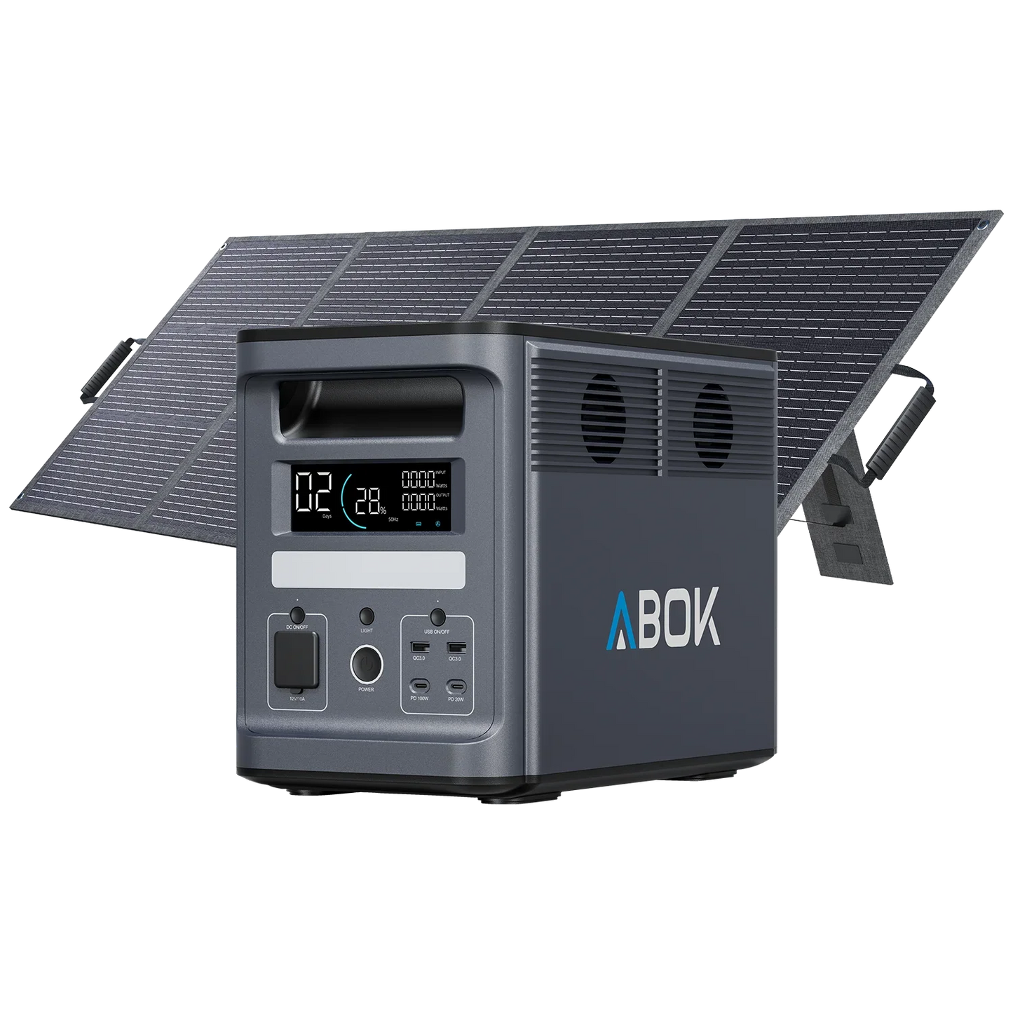 ABOK Ark2000 EU-spec portable power station shown with a 200W foldable solar panel.