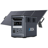 ABOK Ark2000 EU-spec portable power station shown with a 200W foldable solar panel.