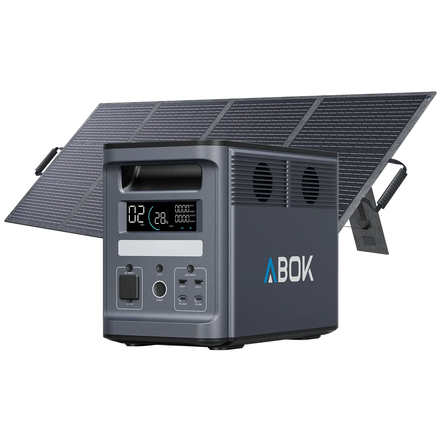 ABOK Ark2000 EU-spec portable power station shown with a 200W foldable solar panel.