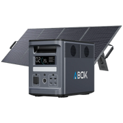 ABOK Ark2000 EU-spec portable power station shown with a 200W foldable solar panel.