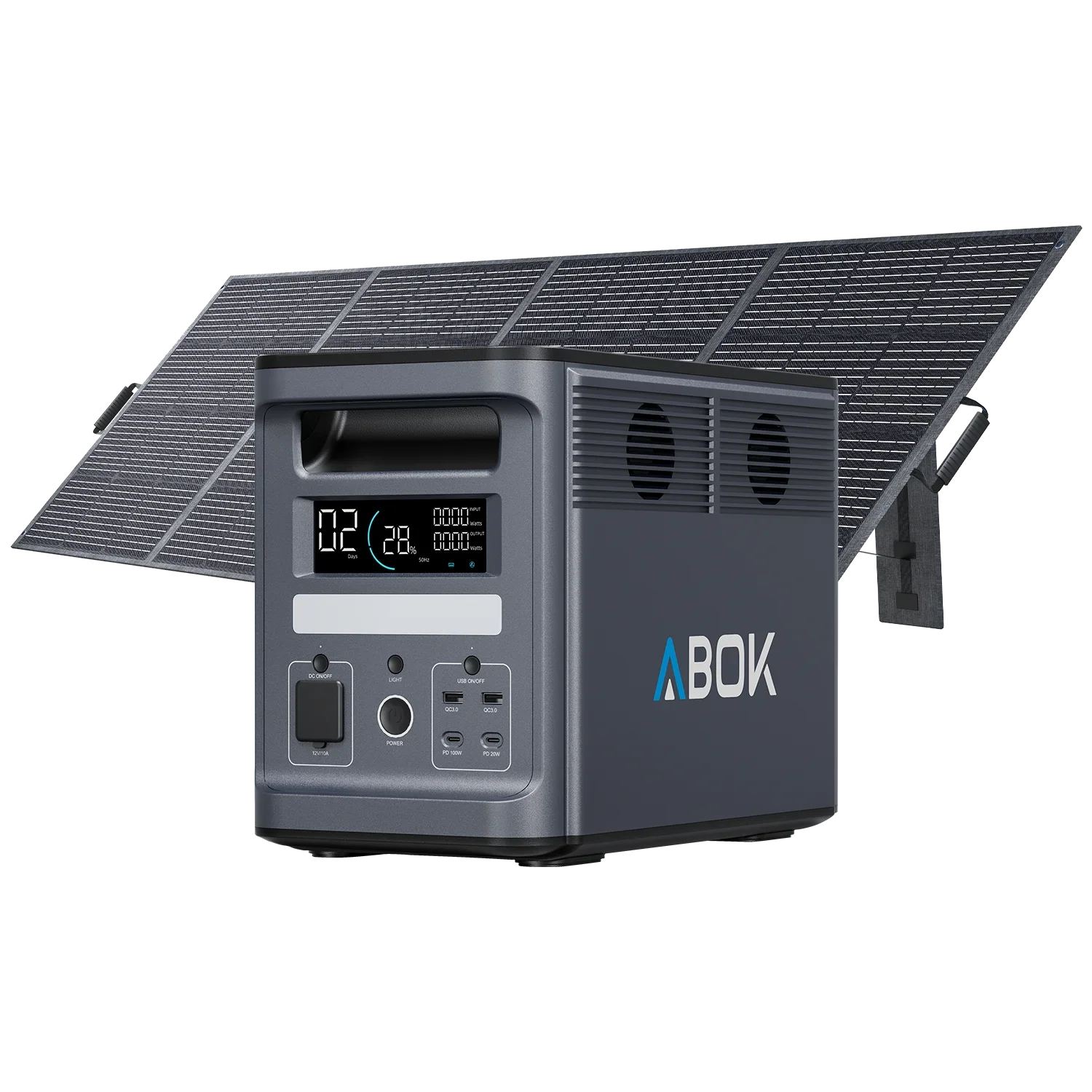 ABOK Ark2000 EU-spec portable power station shown with a 400W foldable solar panel.