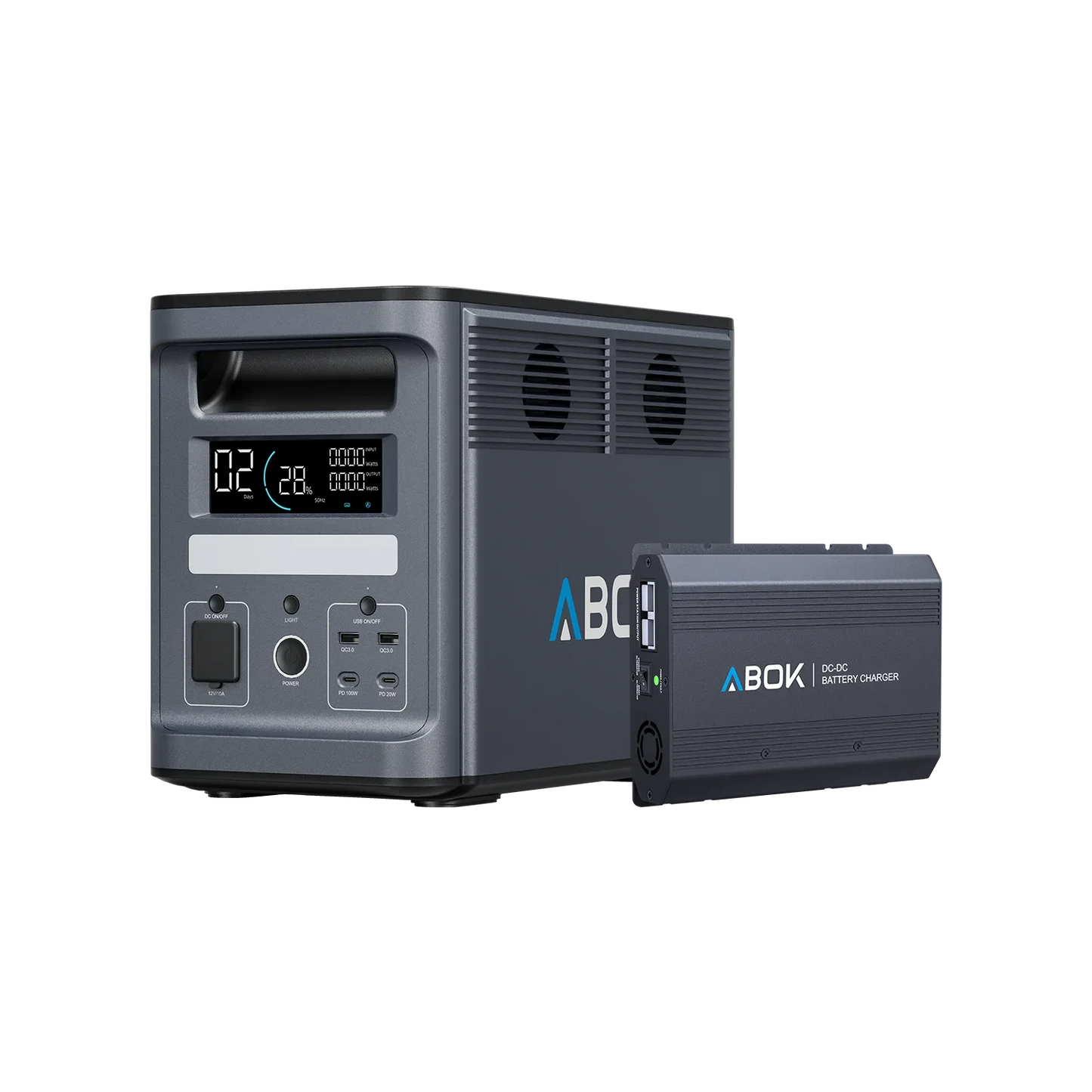 ABOK Ark2000 EU-spec portable power station shown with an ABOK DC-DC battery charger.
