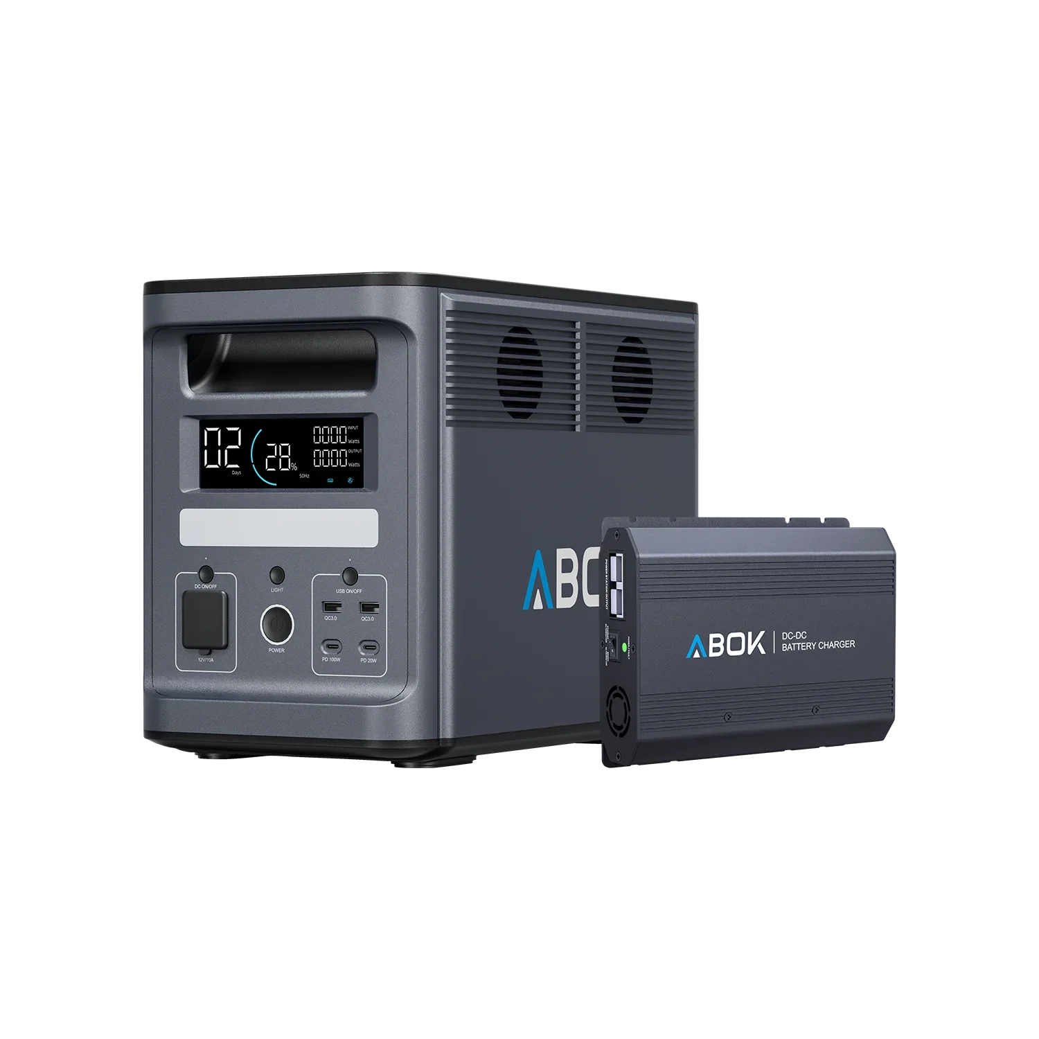 ABOK Ark2000 EU-spec portable power station shown with an ABOK DC-DC battery charger.