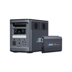 ABOK Ark2000 EU-spec portable power station shown with an ABOK DC-DC battery charger.