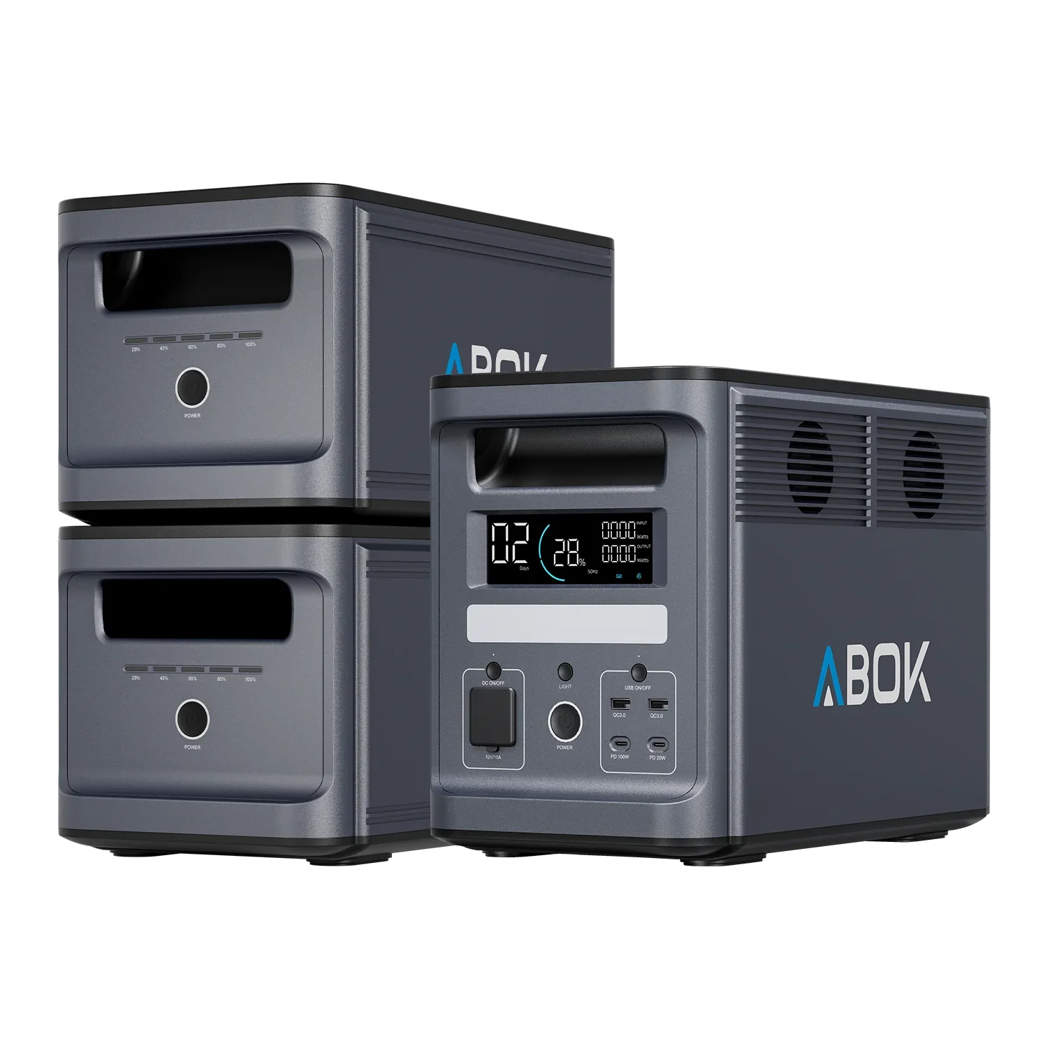 ABOK Ark2000 EU-spec portable power station with two matching Ark2000E extra batteries for expanded capacity.