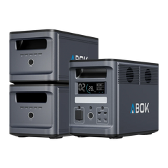ABOK Ark2000 EU-spec portable power station with two matching Ark2000E extra batteries for expanded capacity.
