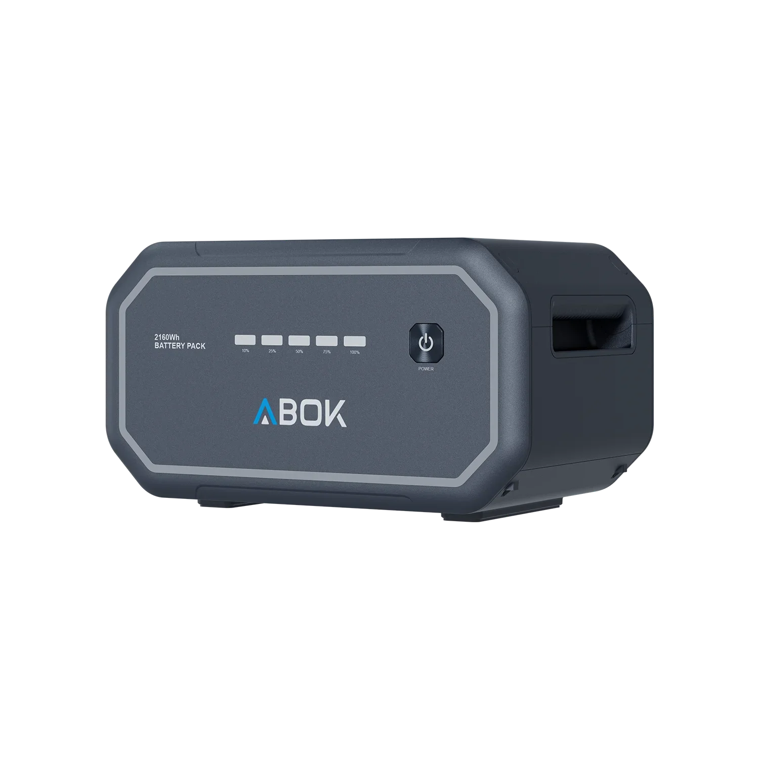 ABOK Ark2500 angled view of the 2160Wh extra battery with level indicators and power button