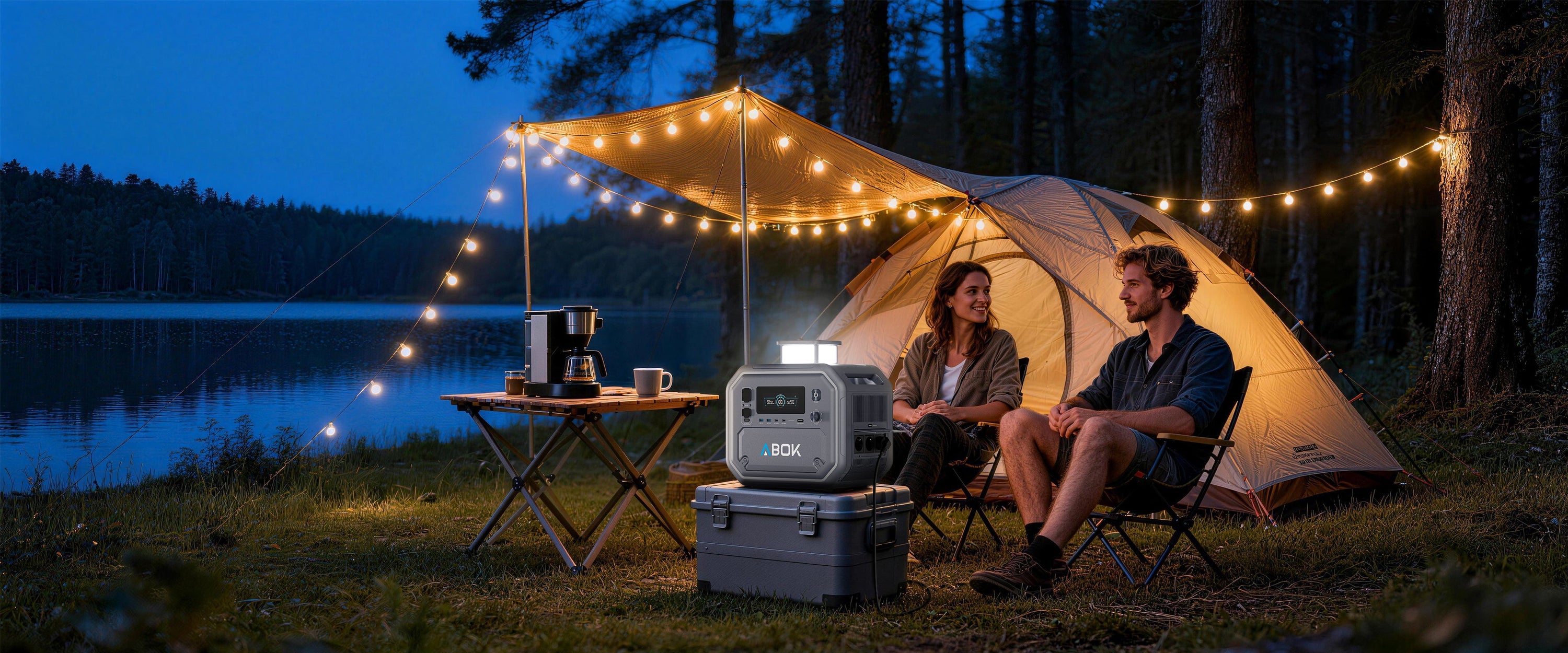 ABOK Ark2800 supplying power at a lakeside campsite after sunset.