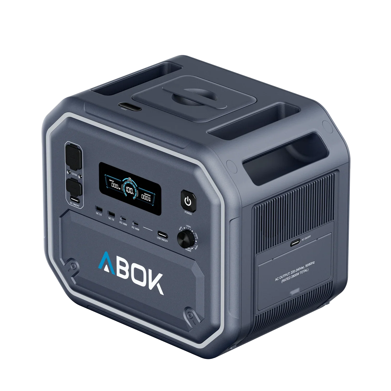 ABOK Ark2800 EU-spec portable power station in an elevated angled view showing the top panel and integrated handles.