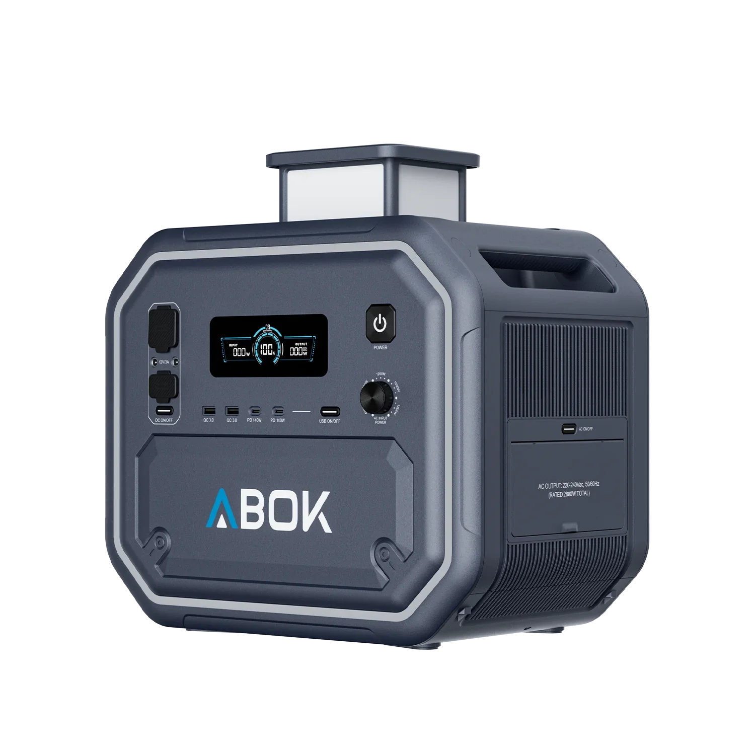 ABOK Ark2800 EU-spec portable power station in an angled front view with the retractable LED light raised.