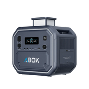 ABOK Ark2800 EU-spec portable power station in an angled front view with the retractable LED light raised.
