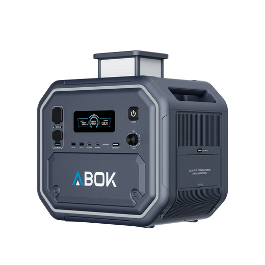 ABOK Ark2800 EU-spec portable power station in an angled front view with the retractable LED light raised.