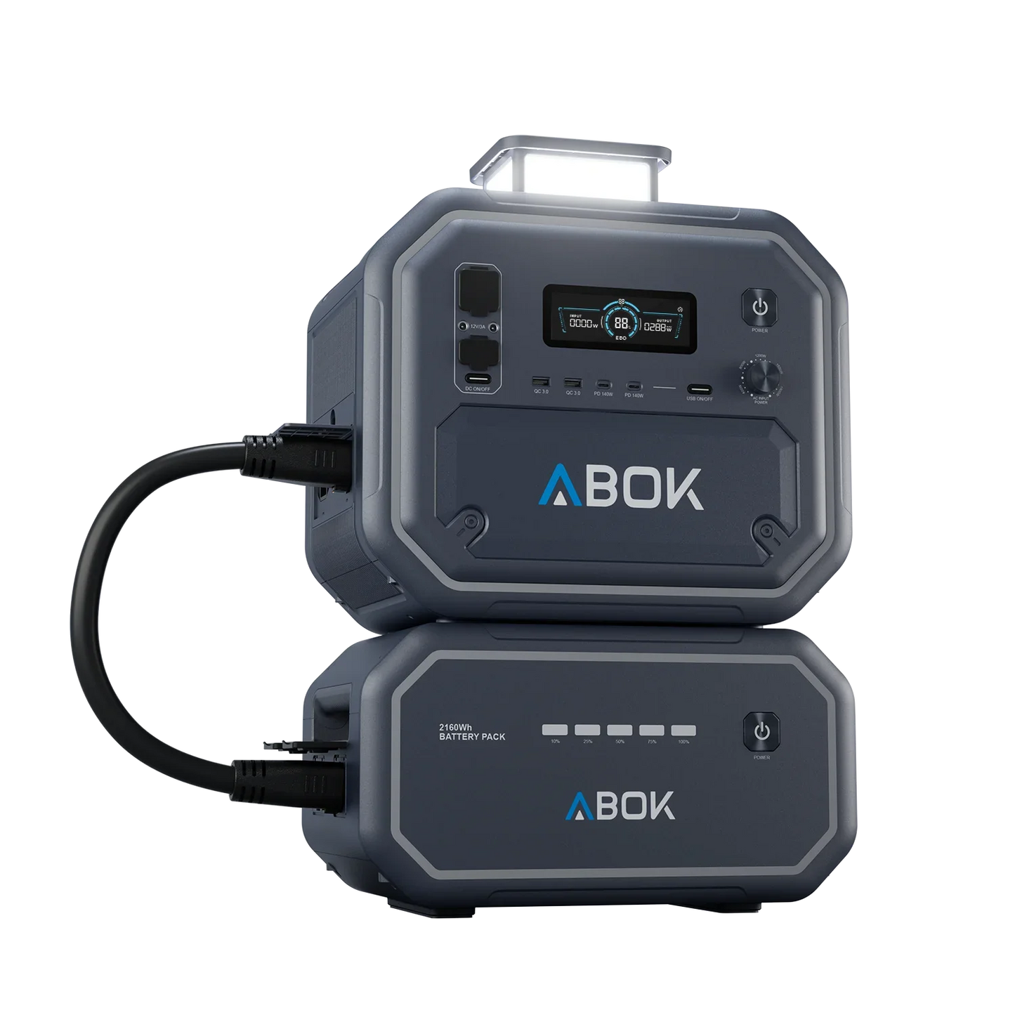ABOK Ark2800 EU-spec portable power station connected to its matching 2160Wh extra battery.