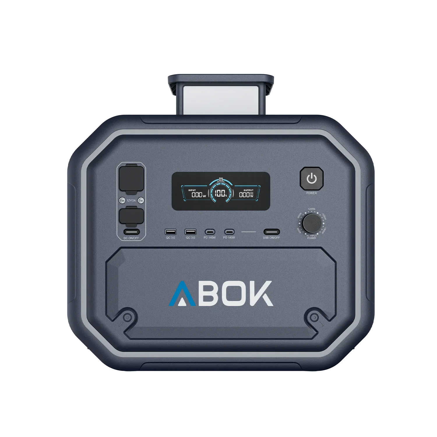 ABOK Ark2800 EU-spec portable power station in a straight front view showing the display, DC ports, and USB ports.