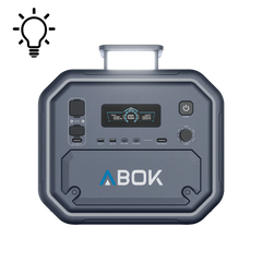 ABOK Ark2800 EU-spec portable power station in a front view with the retractable LED light illuminated.