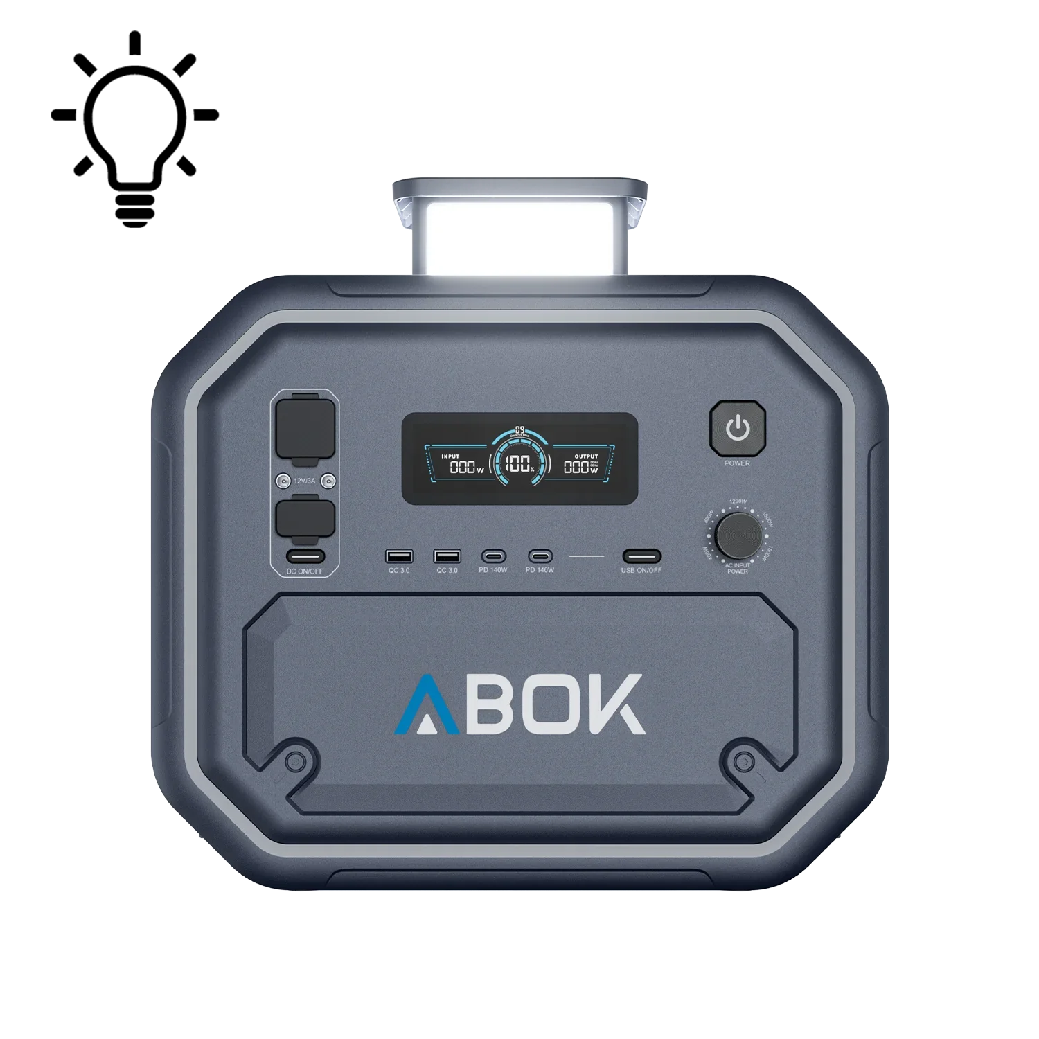 ABOK Ark2800 EU-spec portable power station in a front view with the retractable LED light illuminated.
