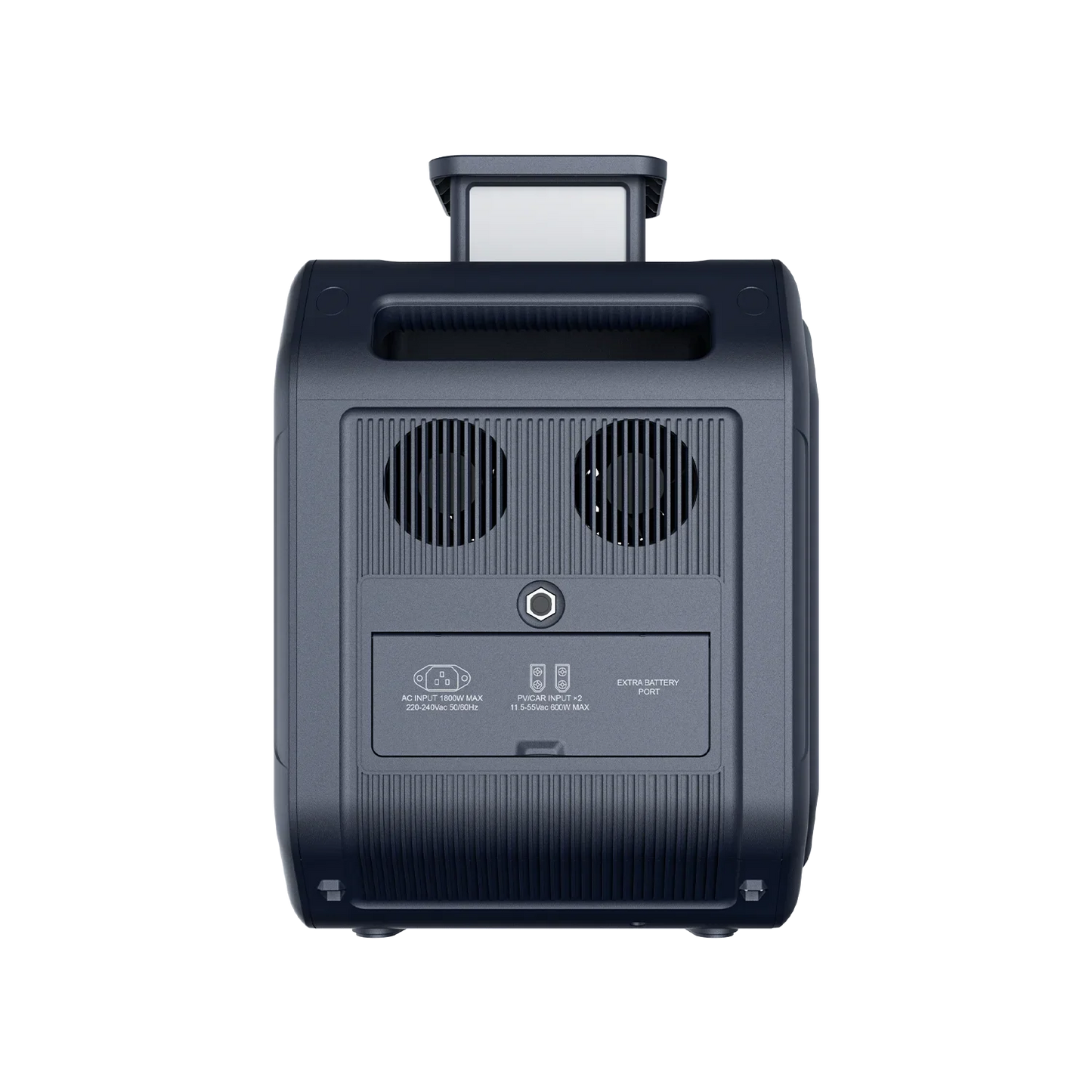 ABOK Ark2800 EU-spec rear view showing dual cooling fans, AC and solar inputs, and the extra battery port.
