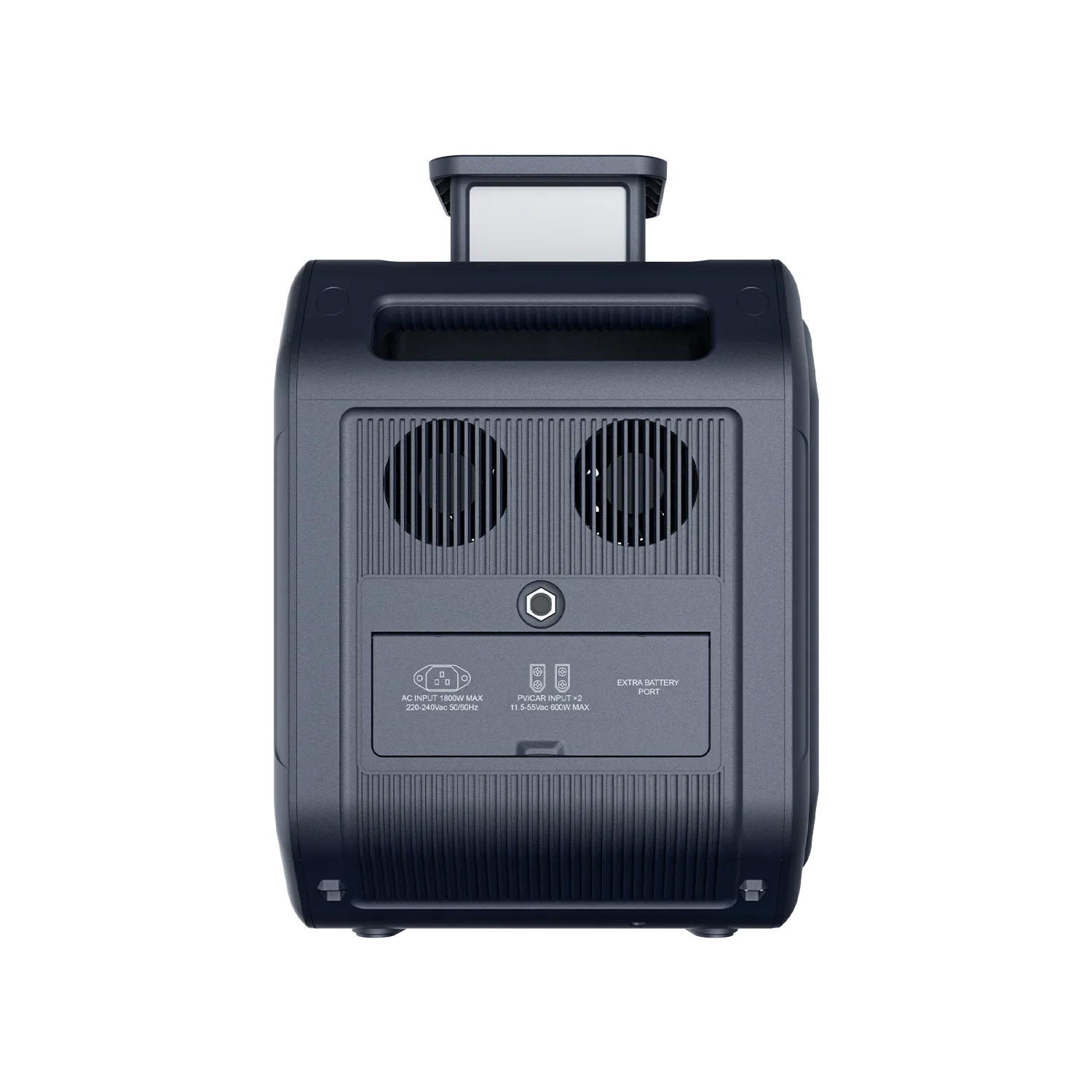 ABOK Ark2800 EU-spec rear view showing dual cooling fans, AC and solar inputs, and the extra battery port.