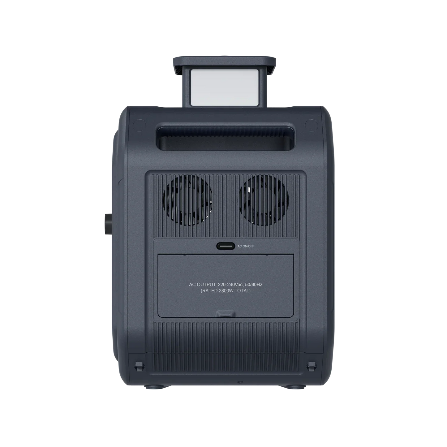 ABOK Ark2800 EU-spec side view showing dual cooling fans and covered European AC outlets.