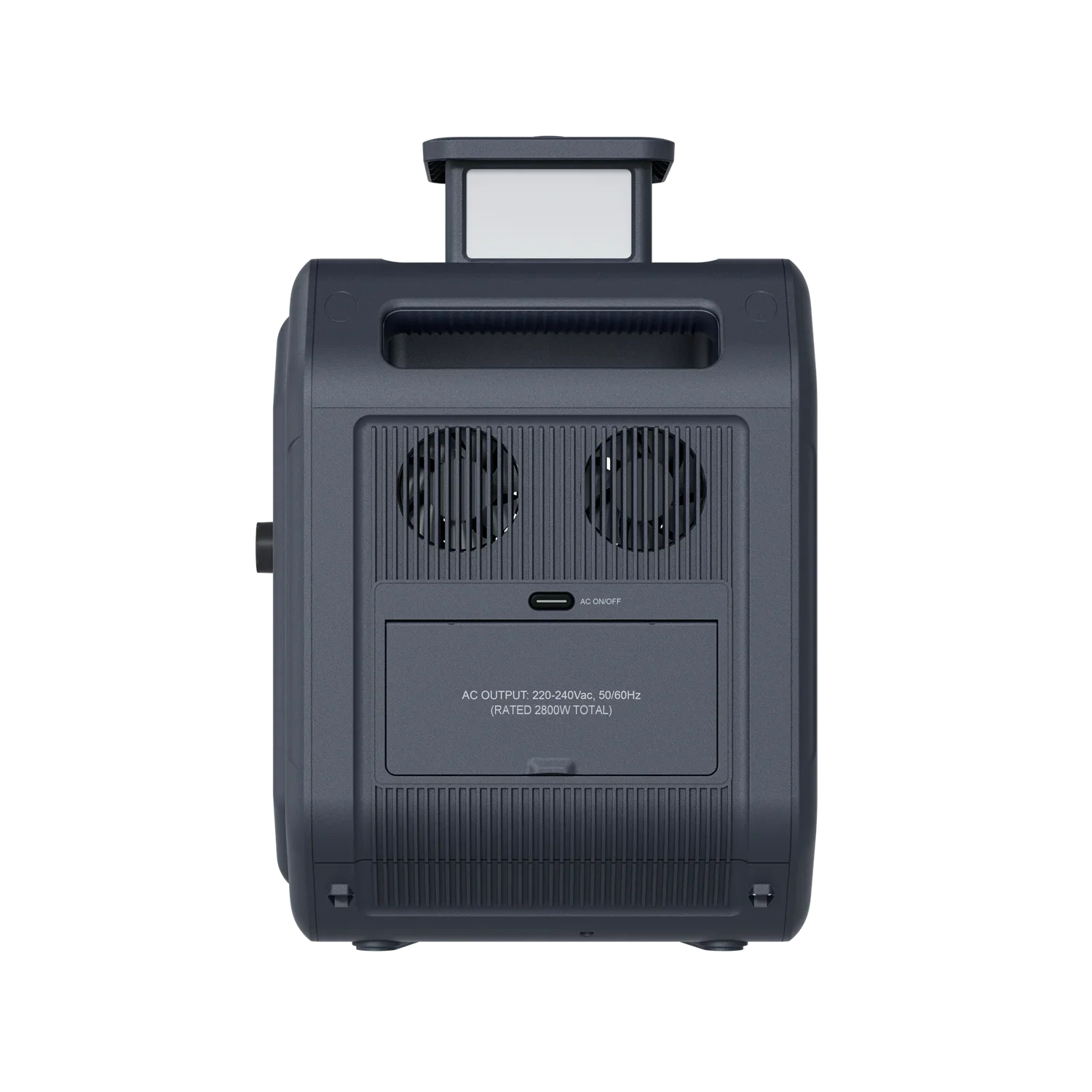 ABOK Ark2800 EU-spec side view showing dual cooling fans and covered European AC outlets.