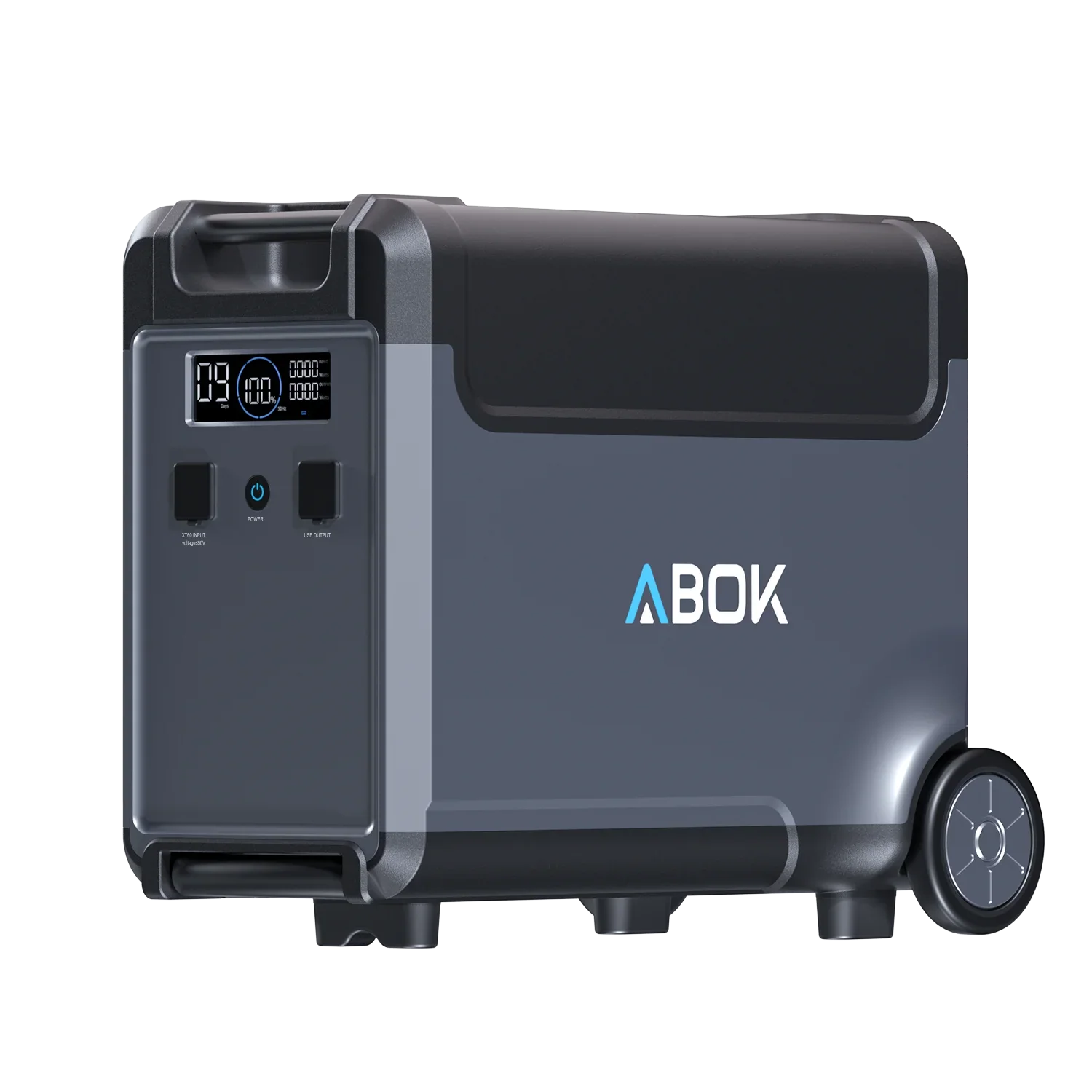 ABOK Ark3600 extra battery in an angled product view showing its display, charging port, and USB ports.