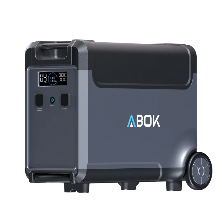 ABOK Ark3600 extra battery in an angled product view showing its display, charging port, and USB ports.