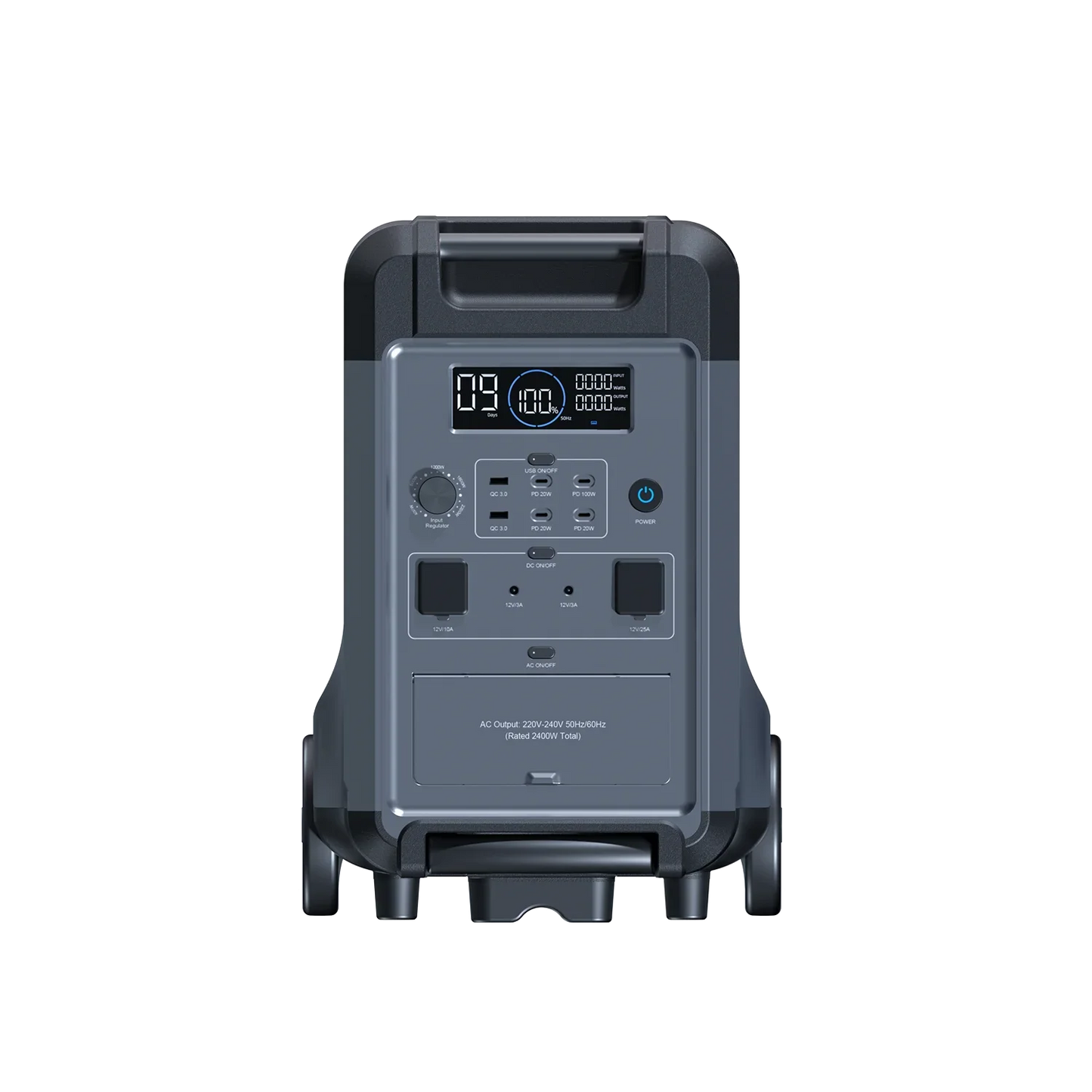 ABOK Ark3600 EU-spec portable power station in a straight front view showing its display, controls, and AC outlets.
