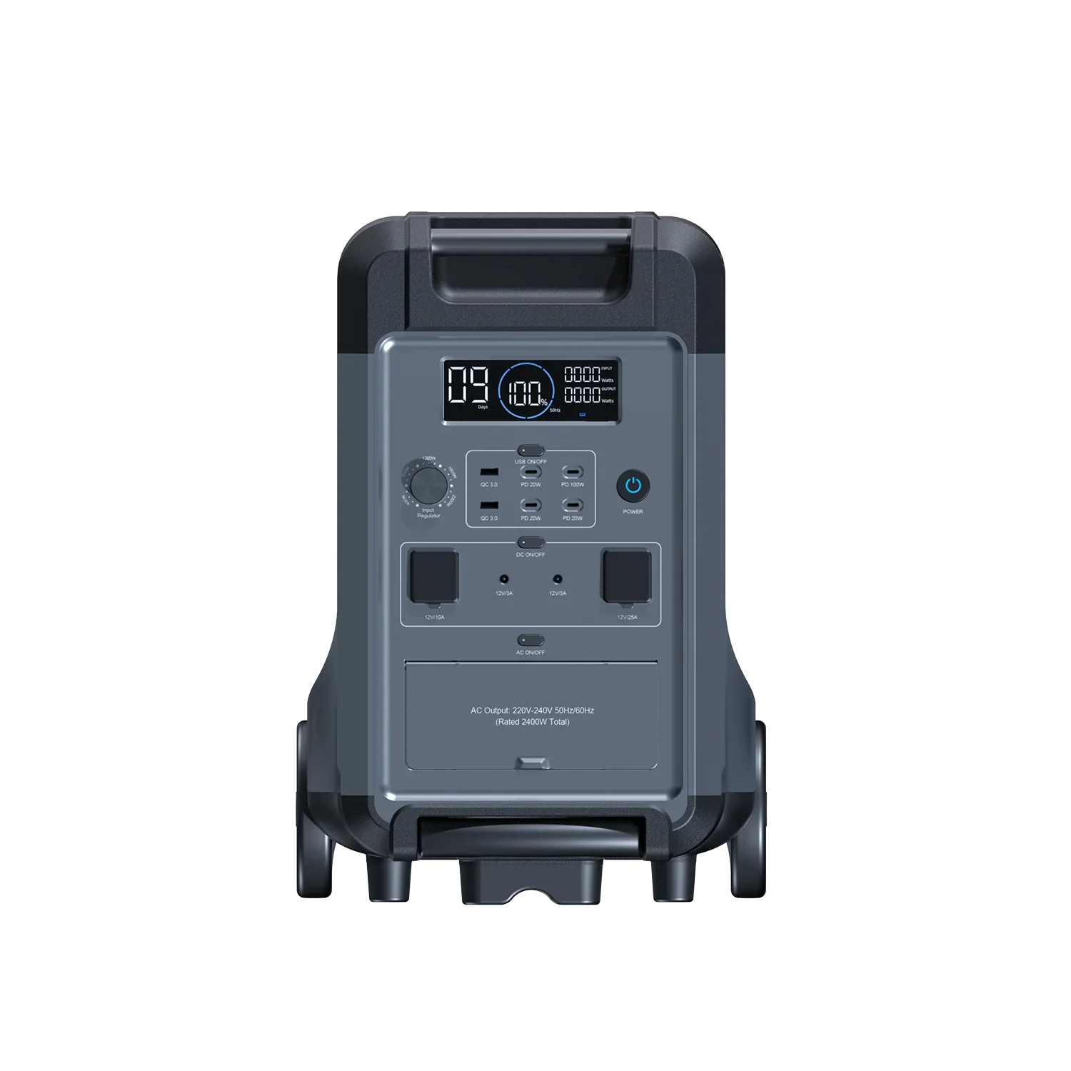 ABOK Ark3600 EU-spec portable power station in a straight front view showing its display, controls, and AC outlets.