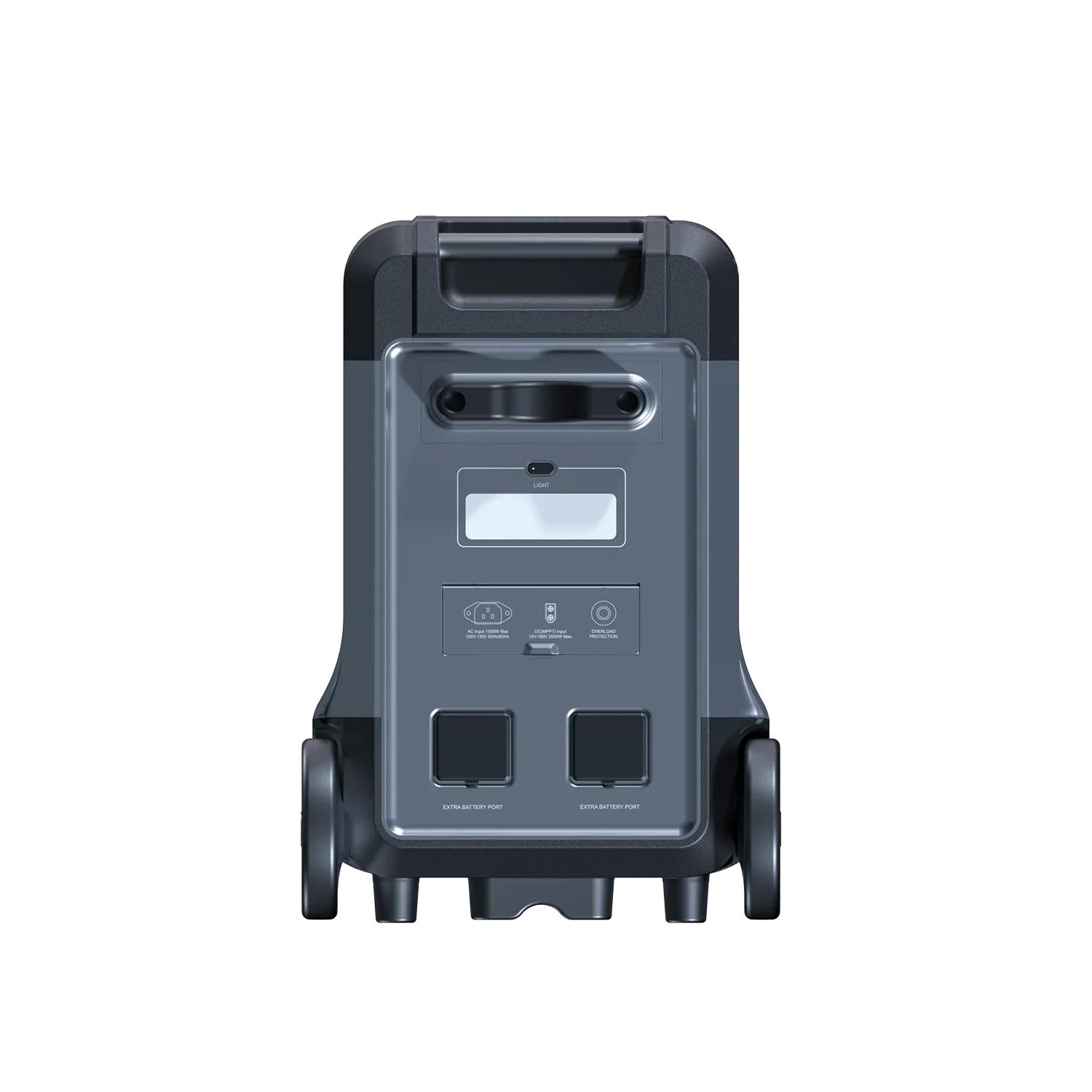 ABOK Ark3600 EU-spec rear view showing the light, charging inputs, DC output, and extra battery ports.
