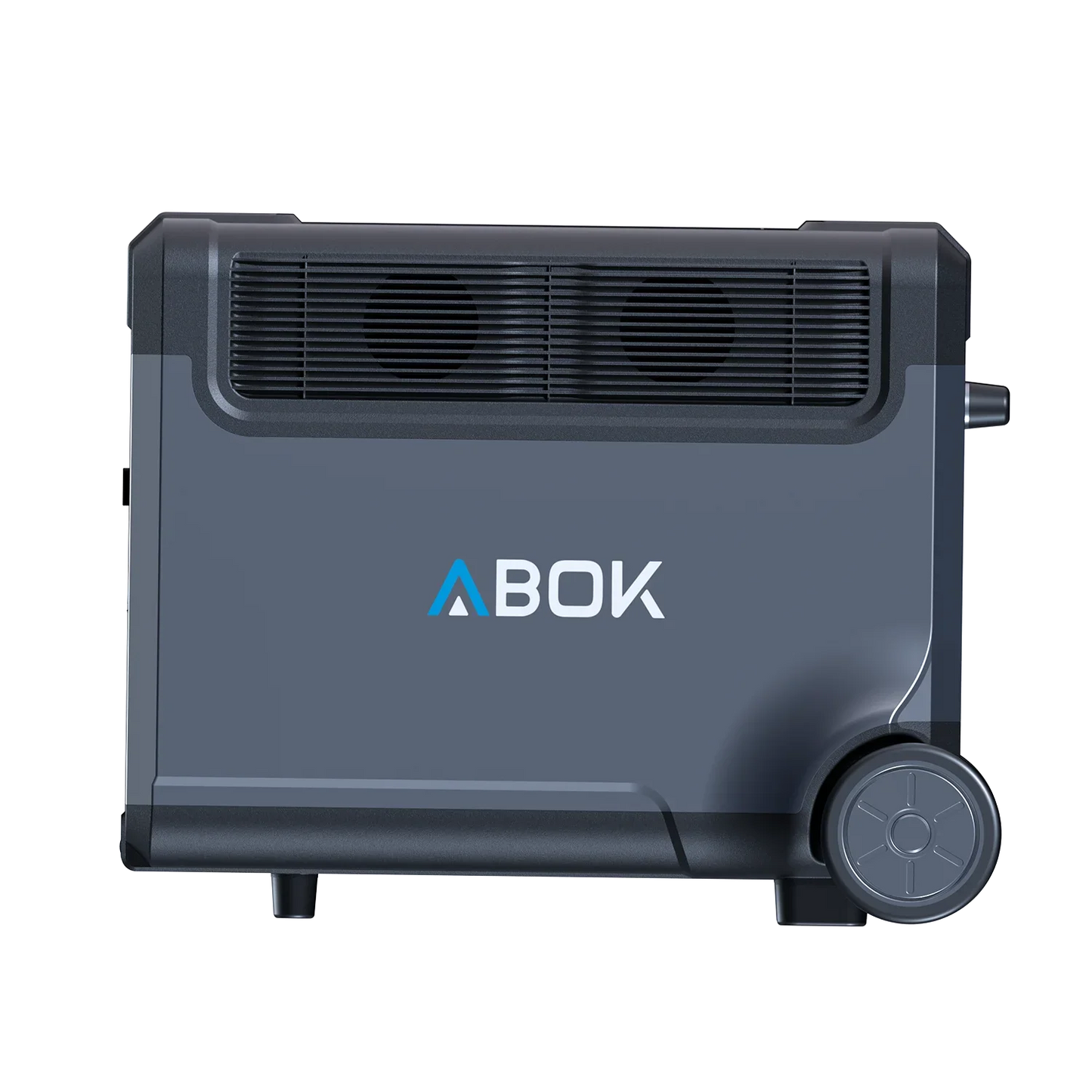 ABOK Ark3600 EU-spec side view showing dual cooling fans, ABOK branding, handles, and transport wheels.