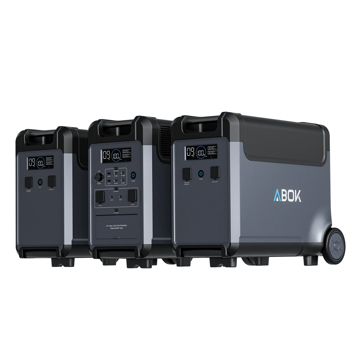 ABOK Ark3600 EU-spec portable power station with two matching extra batteries for expanded capacity.