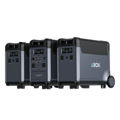 ABOK Ark3600 EU-spec portable power station with two matching extra batteries for expanded capacity.