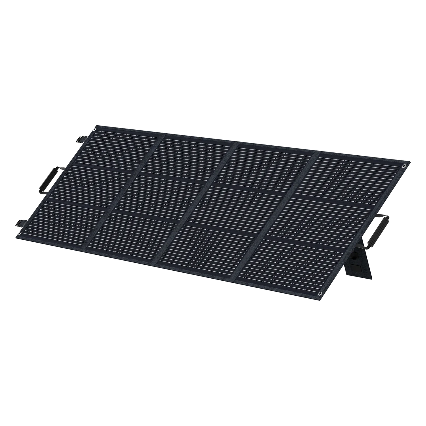ABOK ASP200 foldable 200W solar panel in an angled view, unfolded on its integrated kickstands.