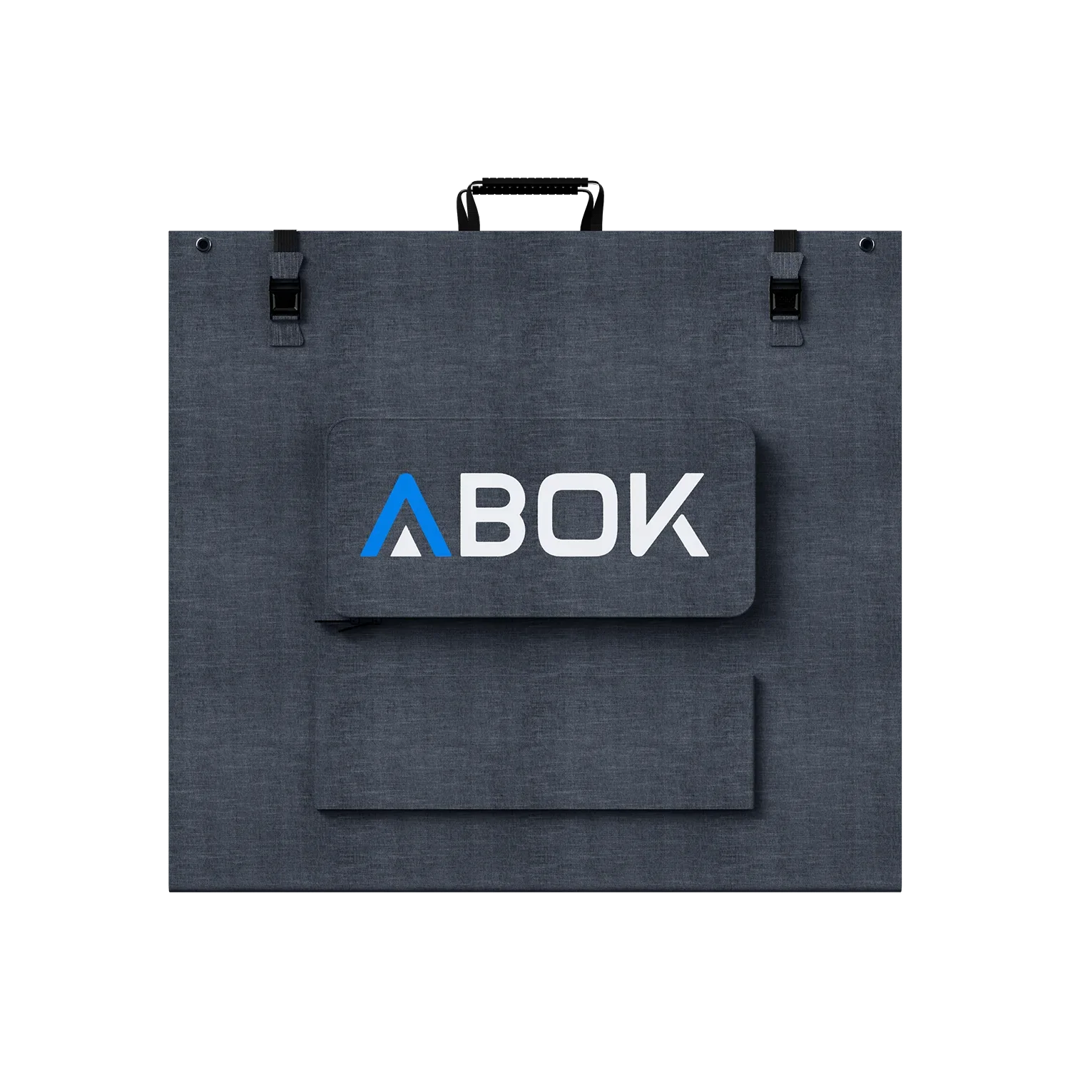 ABOK ASP200 foldable 200W solar panel shown closed from the rear with carry handle, buckles, and cable pouch.