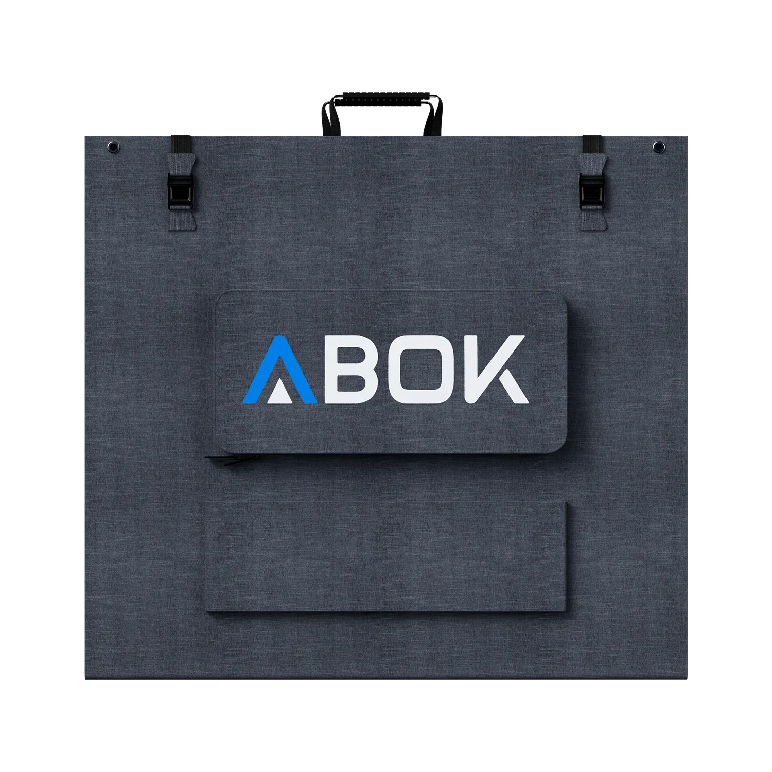 ABOK ASP400 foldable 400W solar panel shown closed from the rear with carry handle, buckles, and cable pouch.