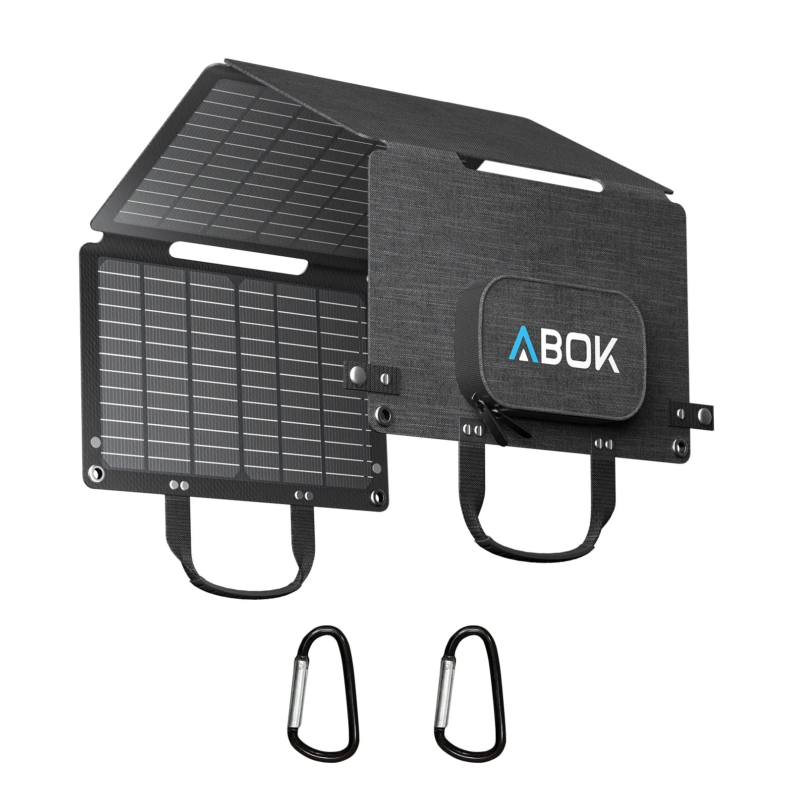 ABOK ASP45 45W portable solar panel shown half folded with storage pouch and two carabiners.