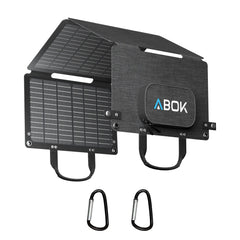 ABOK ASP45 45W portable solar panel shown half folded with storage pouch and two carabiners.